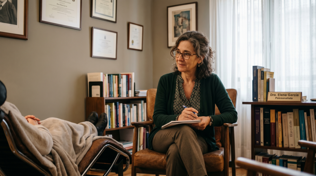 cabinet de psy avec une psy tenant un cahier avec stylo regardant son patient